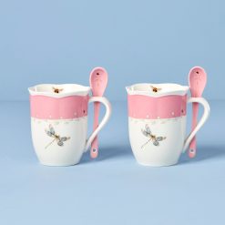 Lenox Everyday Flatware Butterfly Meadow Pink Mugs with Spoons, Set of 2