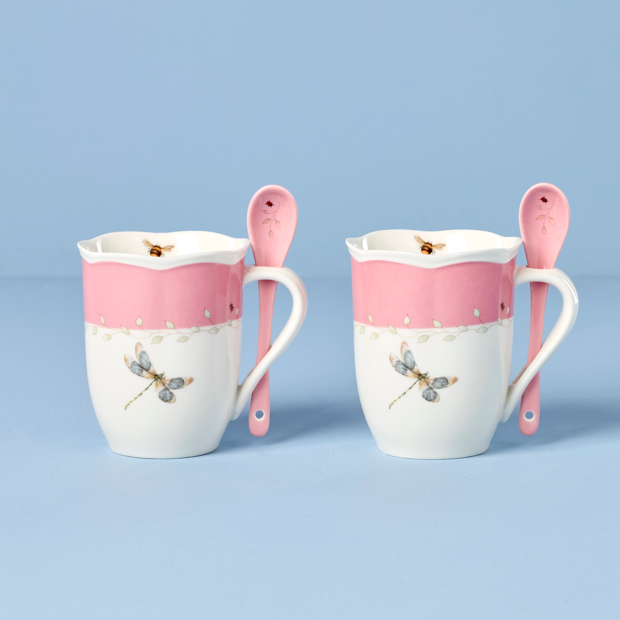 Lenox Everyday Flatware Butterfly Meadow Pink Mugs with Spoons, Set of 2