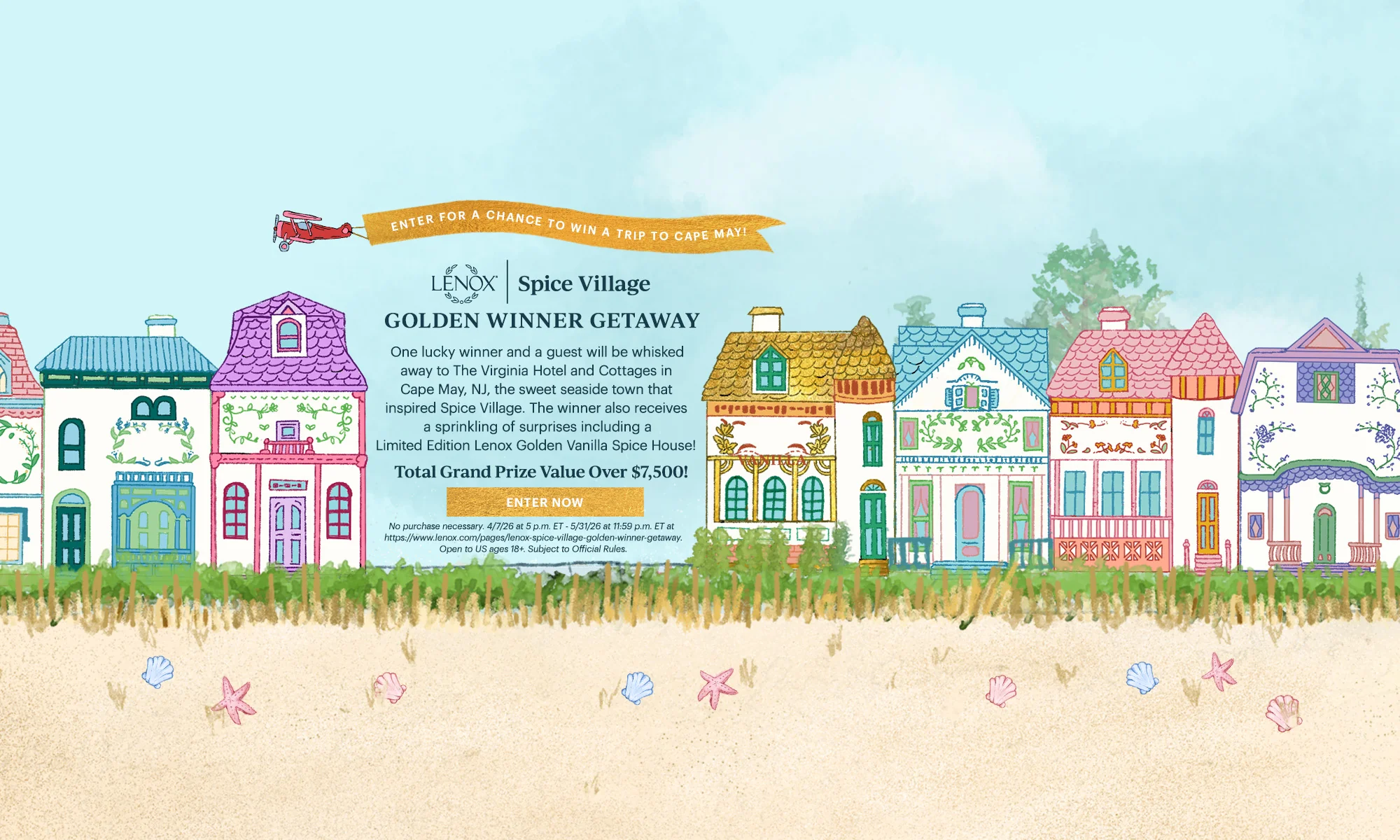 Illustration of colorful houses on a beach with a banner at the top.