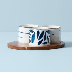 Lenox Everyday Flatware Blue Bay Snack Bowls with Wood Tray, Set of 3