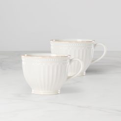 Lenox Everyday Flatware French Perle Groove White Latte Mugs, Set of 2