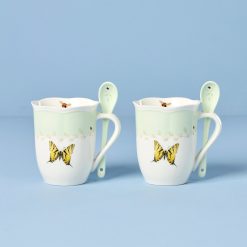 Lenox Everyday Flatware Butterfly Meadow Green Mugs with Spoons, Set of 2