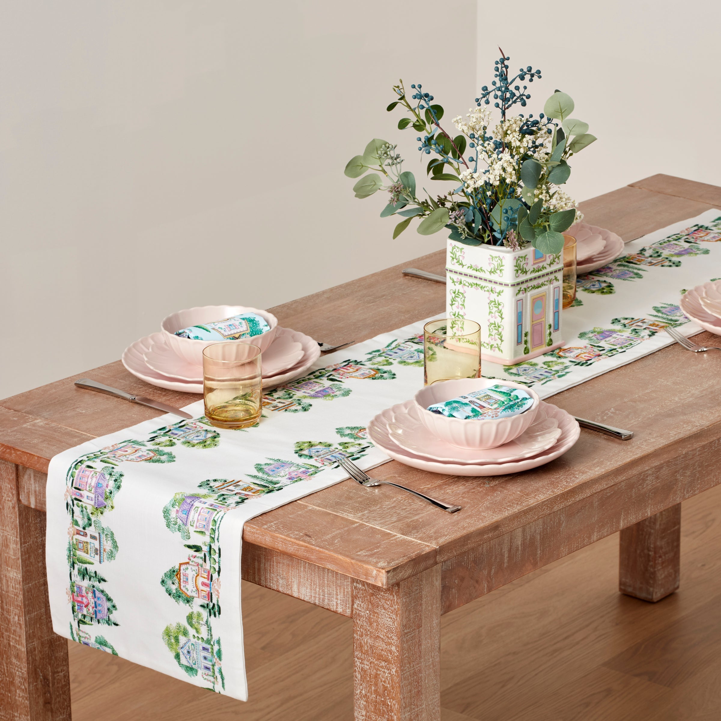 Lenox Everyday Flatware Lenox Spice Village Print Embroidered 14x70 Table Runner