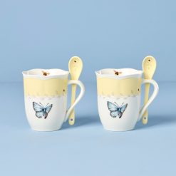 Lenox Everyday Flatware Butterfly Meadow Yellow Mugs with Spoons, Set of 2