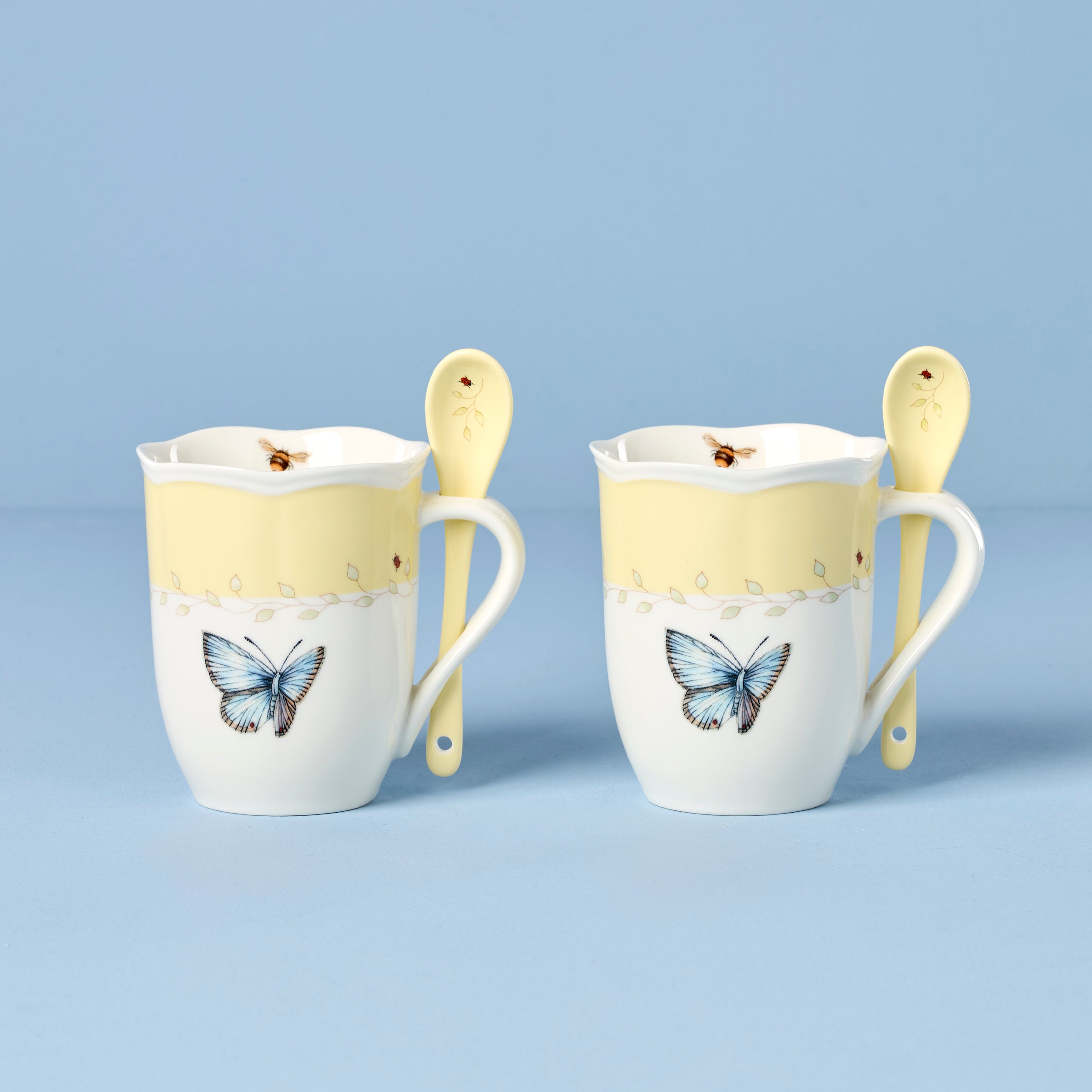 Lenox Everyday Flatware Butterfly Meadow Yellow Mugs with Spoons, Set of 2