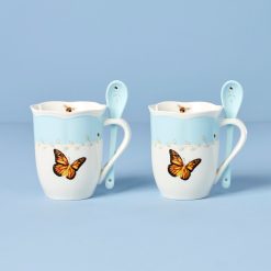 Lenox Everyday Flatware Butterfly Meadow Blue Mugs with Spoons, Set of 2