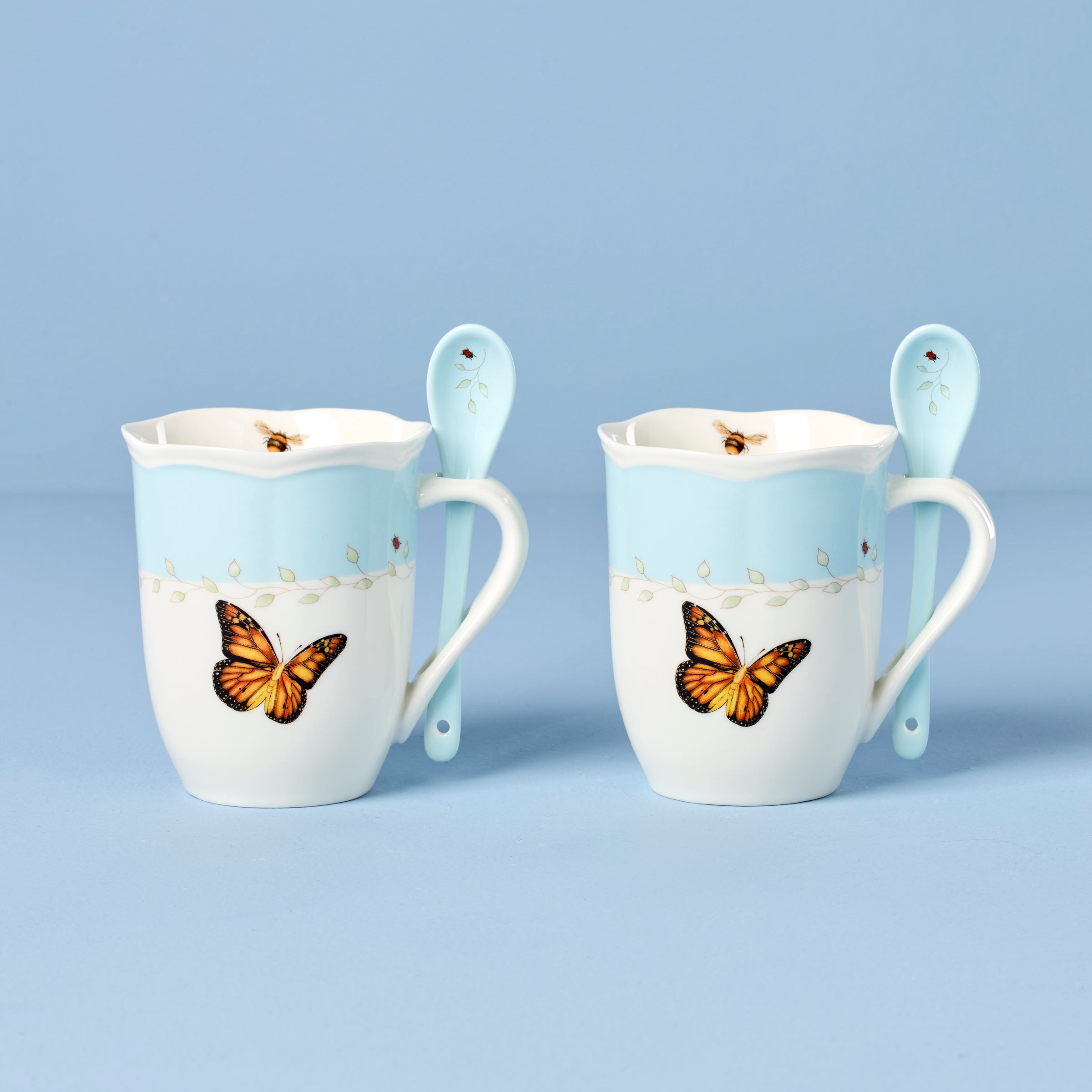 Lenox Everyday Flatware Butterfly Meadow Blue Mugs with Spoons, Set of 2