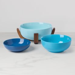 Alternative view of Lenox Everyday Flatware 24 Seven Turquoise 3-Piece Nesting Bowl Set with Wood Stand